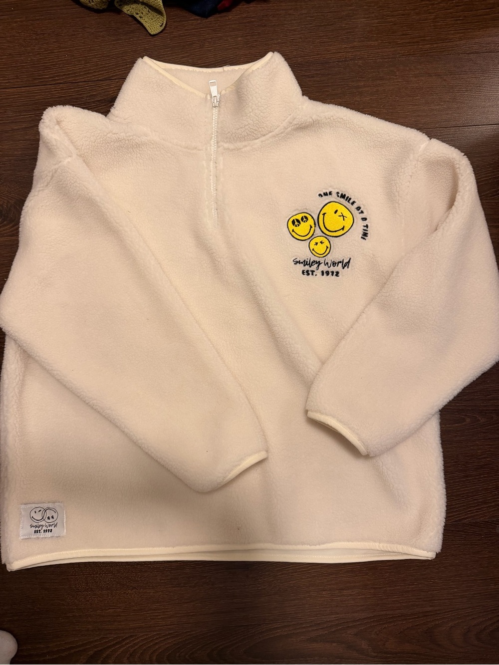 Cream Half-Zip Fleece Pullover with Smiley Patch